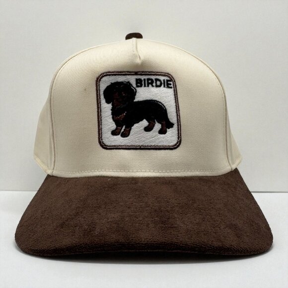 Birdie Dog Dachshund Embroidered Hat | Cream & Brown Snapback - Picture 1 of 2